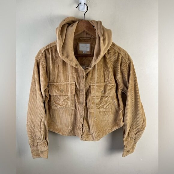 American Eagle AE Hooded Cropped Corduroy Button-Up Shirt Shacket Tan new NWT S - Picture 6 of 15